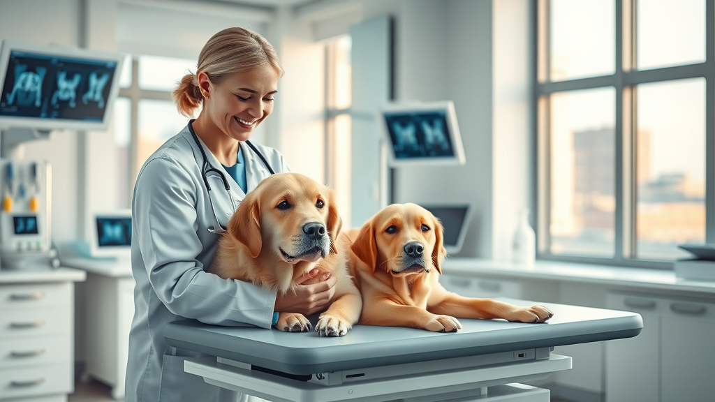 Veterinarian using advanced veterinary diagnostics Cincinnati on calm golden retriever.