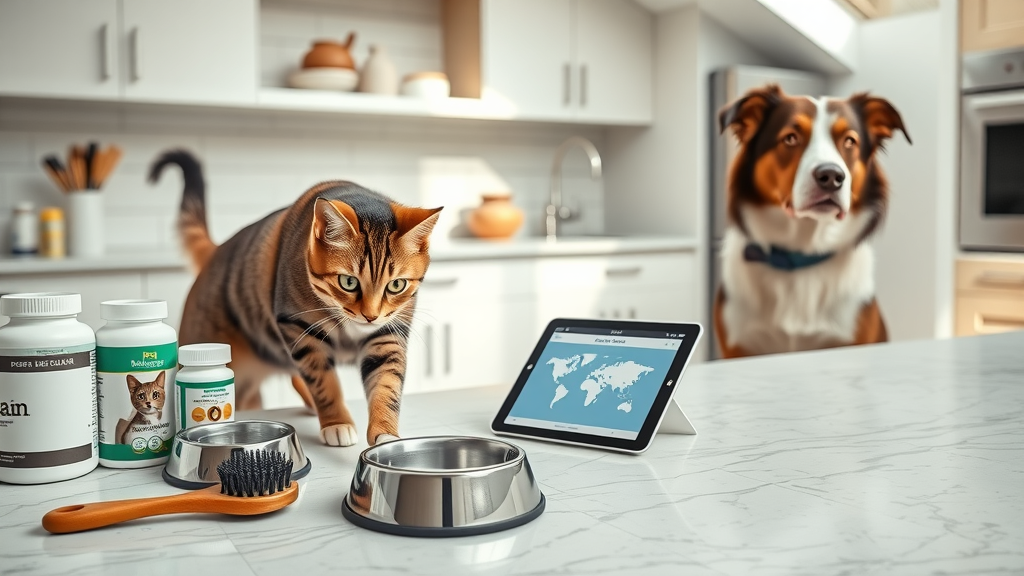 Modern pet health care station with cat and dog, tools for wellness at home