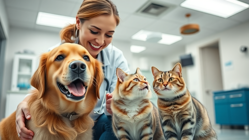 Veterinarian checks dog and cat in bright clinic, modern pet health care