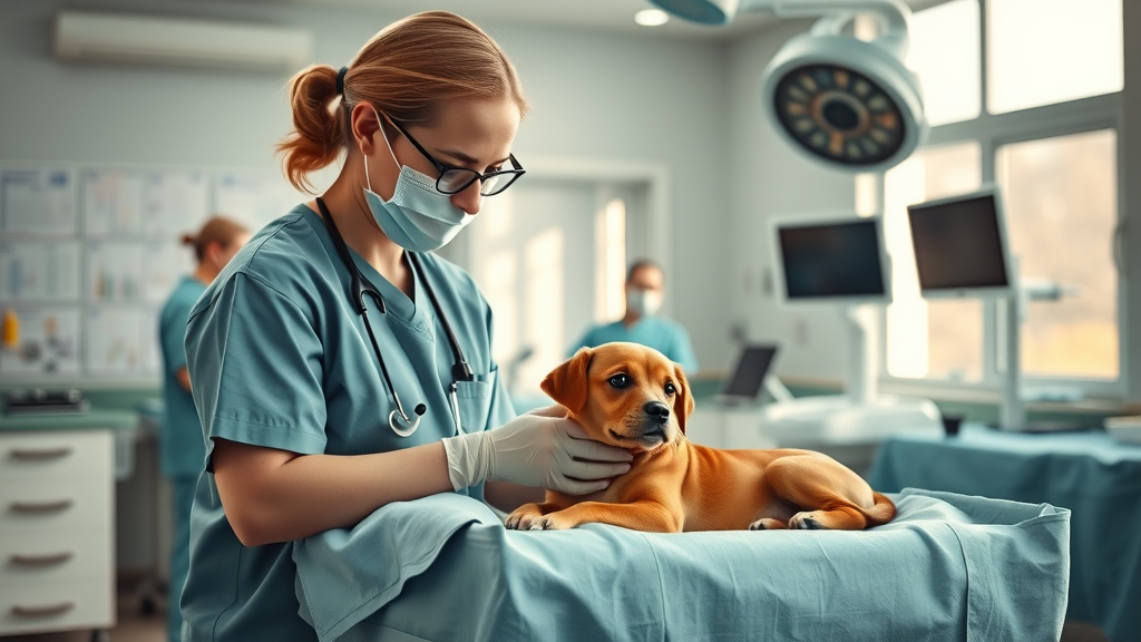 Veterinary surgery Cincinnati expert comforting dog pre-surgery in modern clinic