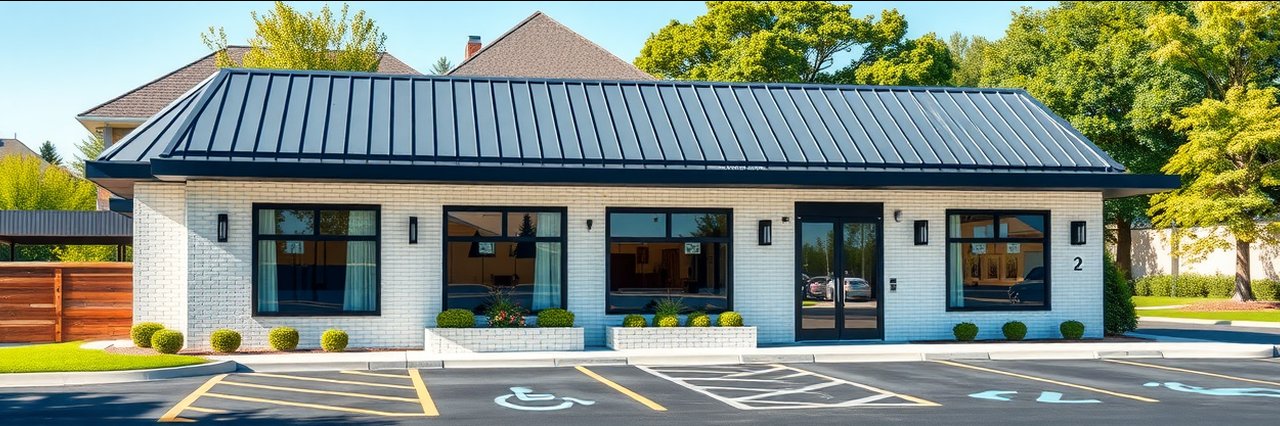 Modern family veterinary clinic with white brick facade and accessible parking.