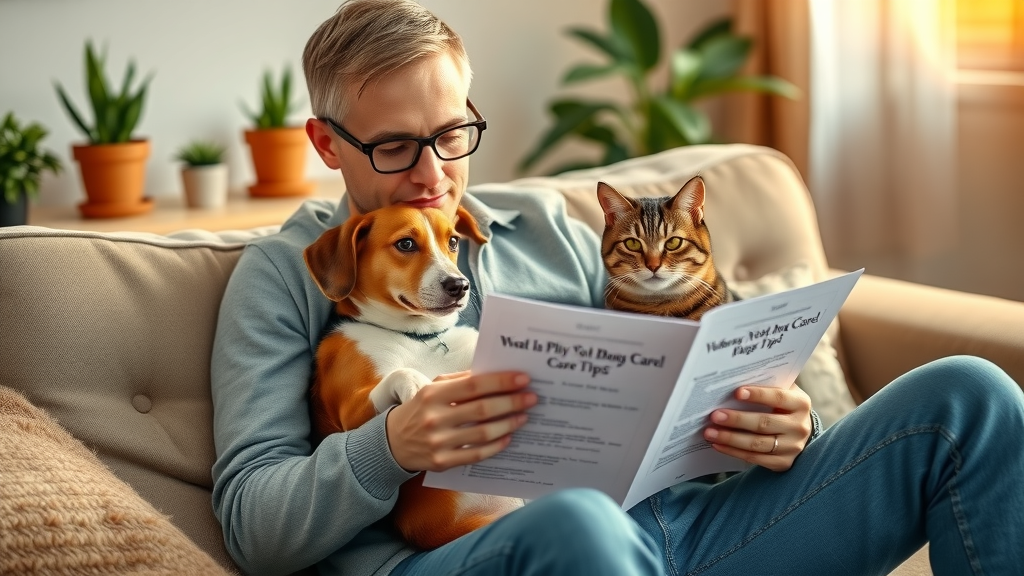Attentive owner reviewing pet veterinary care tips with healthy dog and cat