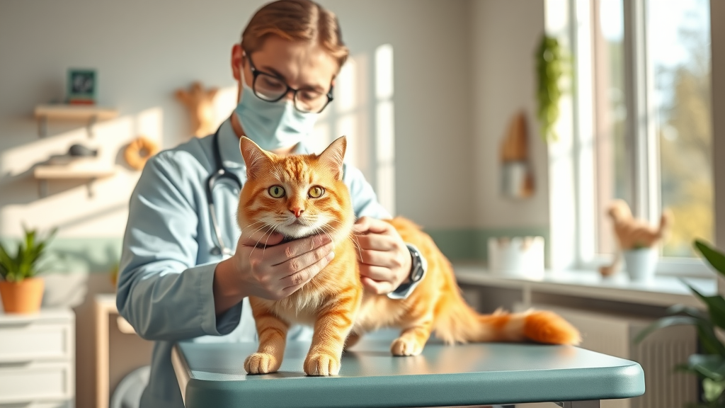 Friendly vet examines relaxed cat in modern cat care clinic with sunlight.