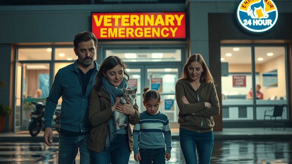 Family rushes kitten for emergency veterinary care at 24-hour clinic.