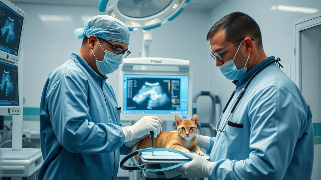 24-hour pet critical care team treating cat with diagnostic equipment
