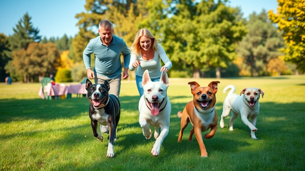 Pet medical care benefits shown with playful, healthy dogs outdoors.