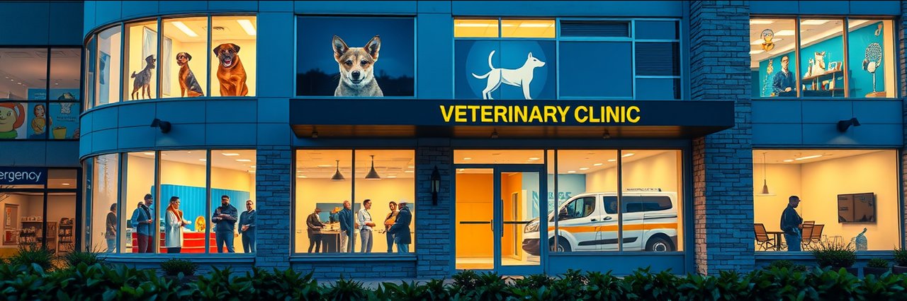 Emergency veterinary care clinic exterior at night with bright entrance.
