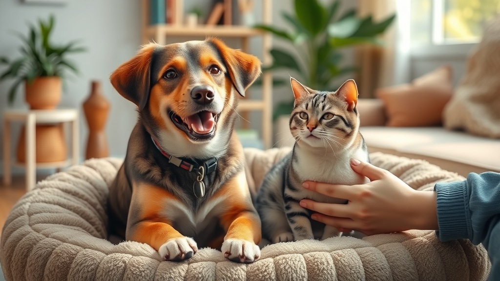 Healthy dog and cat on cozy bed with owner, pet health care essentials at home