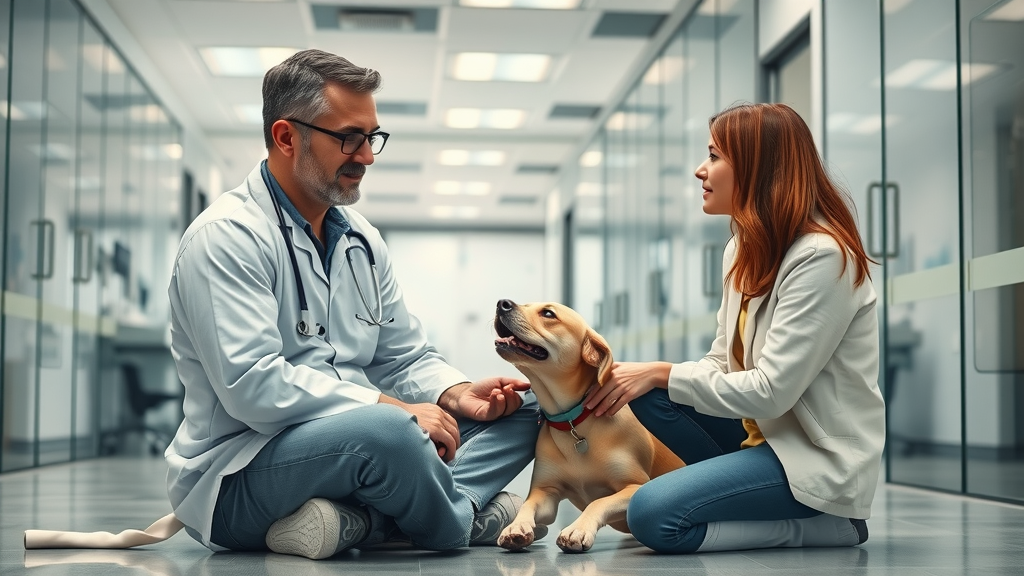 Veterinarian comforts dog and family during pet critical care emergency