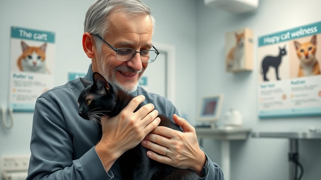 Senior owner supports black cat during checkup at advanced cat care clinic.
