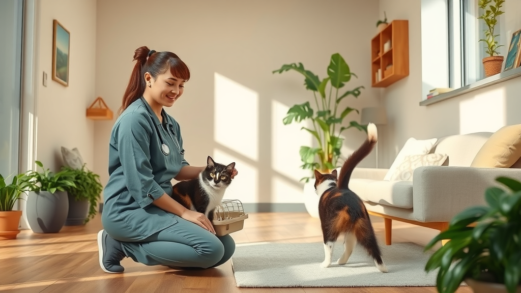 Cat arrives at stress-free cat care clinic greeted by friendly staff member.