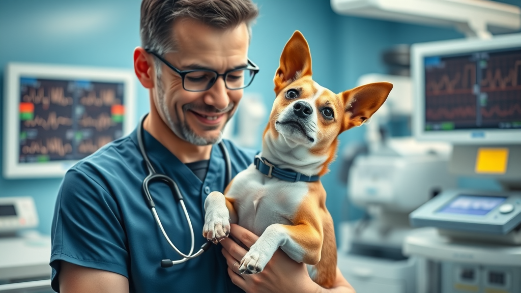 Veterinary diagnostics Cincinnati lab scene with vet and small dog in clinic.