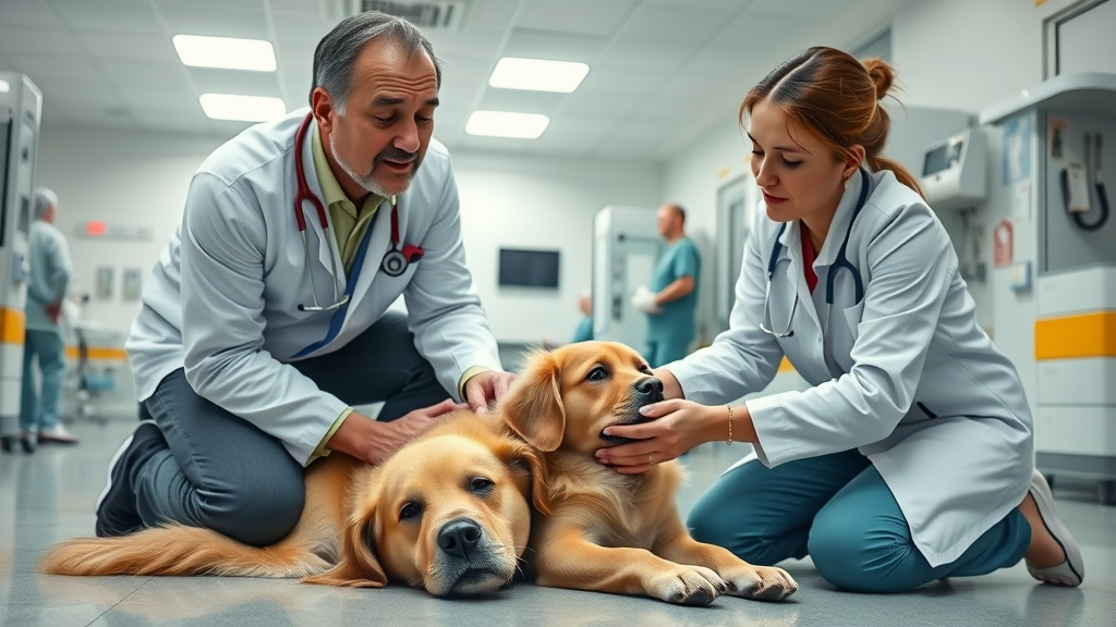 Veterinarian and owner in emergency pet clinic providing pet critical care