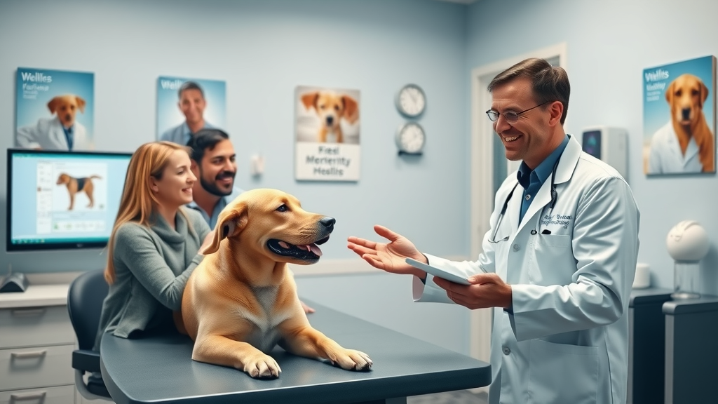 Veterinarian discussing proactive pet veterinary care with family and dog