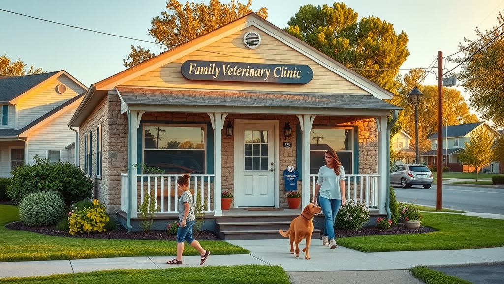 Family arriving at friendly neighborhood veterinary clinic with their dog