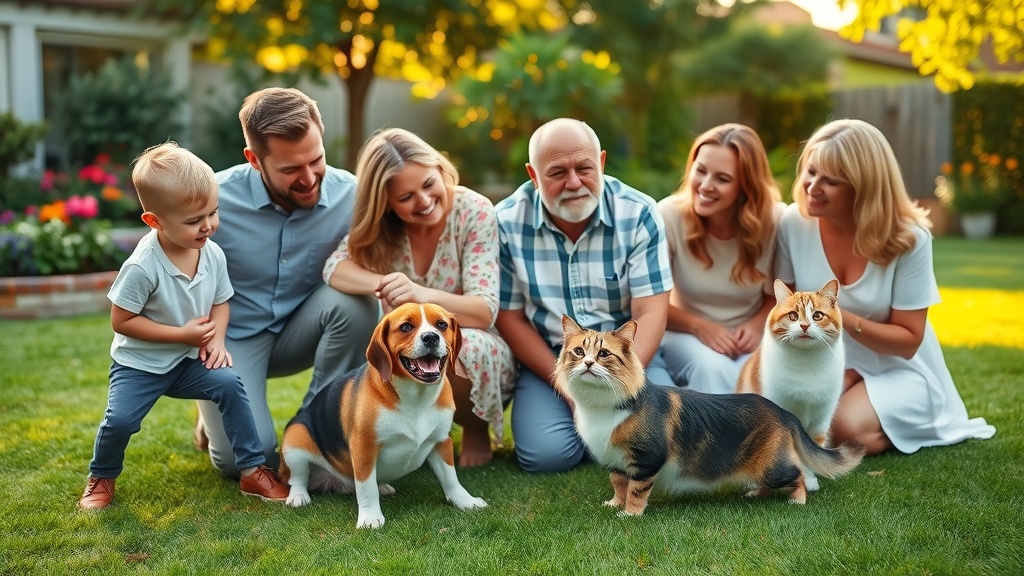 Family enjoying healthy pets outside, embracing pet health care together