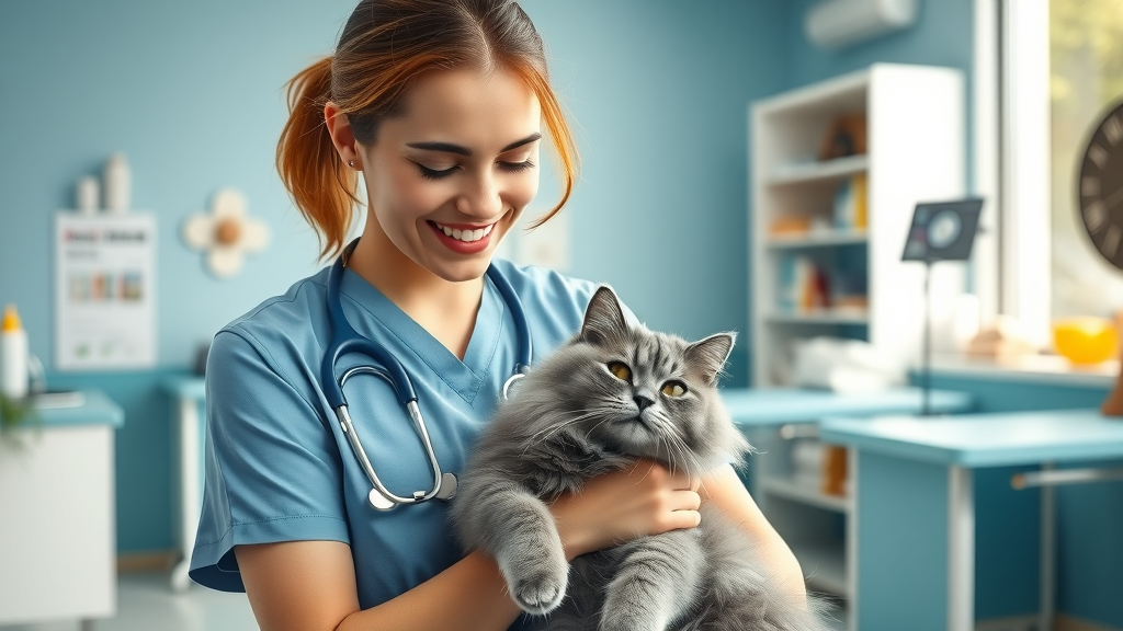 Vet gently cuddles cat in bright, compassionate cat care clinic environment.