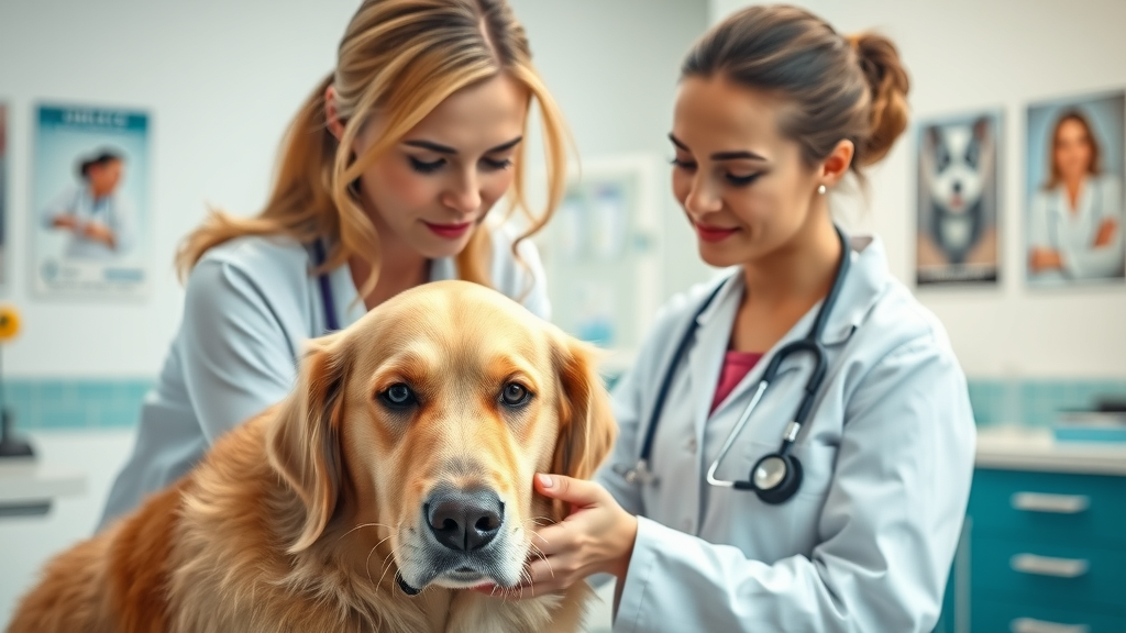Pet medical care exam with caring vet and healthy dog in clinic.