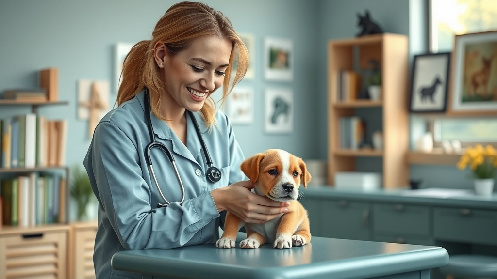 Veterinarian in family clinic gently caring for puppy, owner comforted
