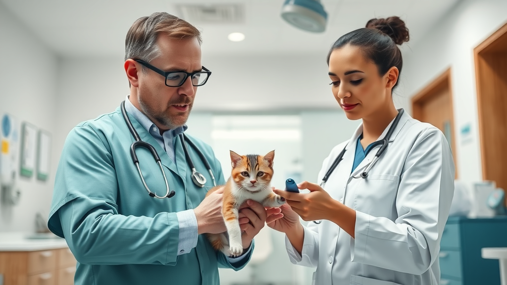 Veterinarians collaborating during pet medical care with gentle cat exam.