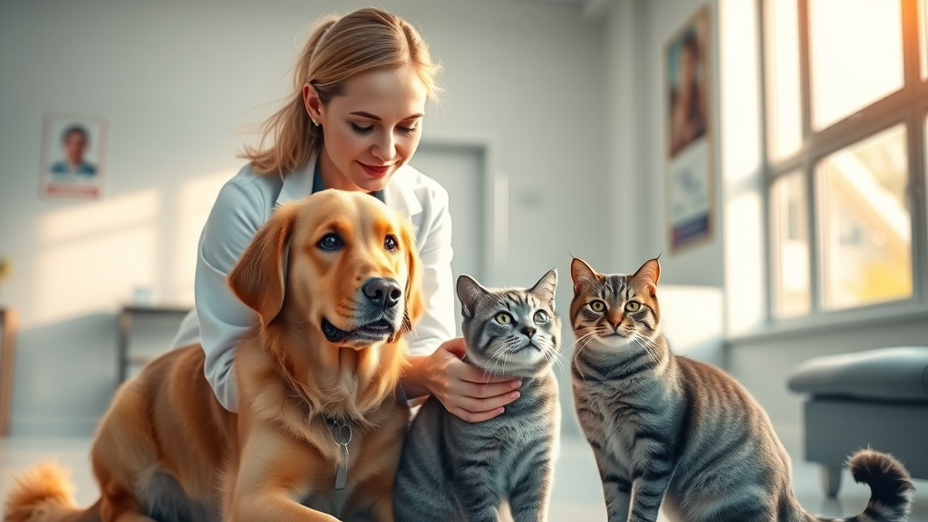 Veterinarian gently examining dog and cat during pet veterinary care visit