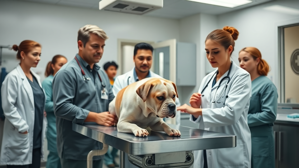 Emergency veterinary team comforts dog and owners during urgent care.