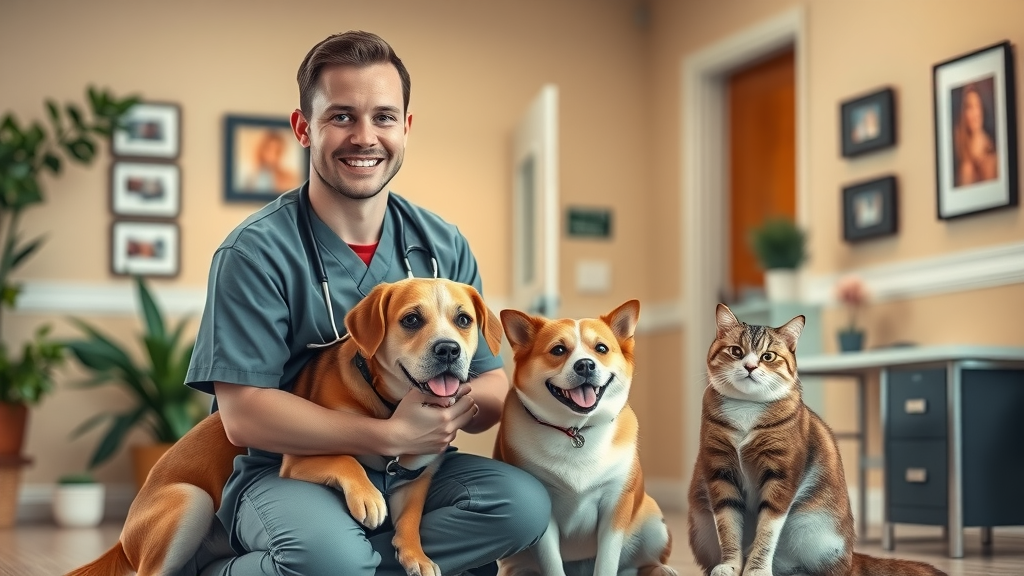 Family veterinary clinic veterinarian comforting dog and cat in welcoming clinic