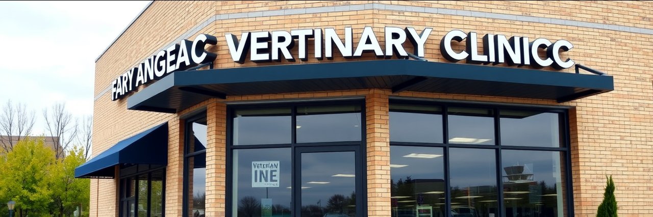 Modern animal clinic exterior showcasing pet veterinary care sign.