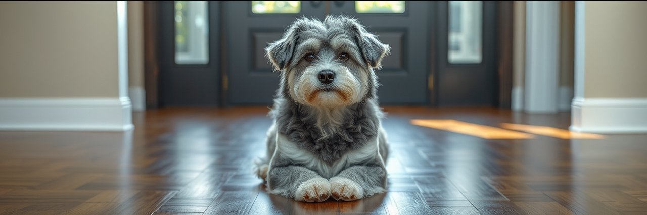 Well-groomed dog awaiting pet medical care on polished wooden floor indoors
