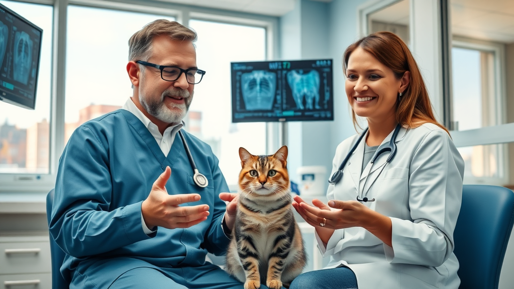 Tabby cat owner reviews veterinary diagnostics Cincinnati X-ray results with vet.