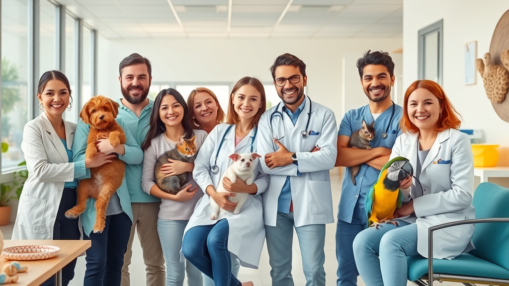 Pet owners at family veterinary clinic with a dog, cat, rabbit, and parrot
