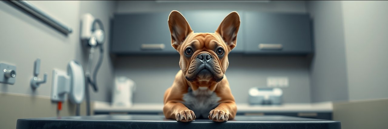 French Bulldog at veterinary clinic exam for pet health care