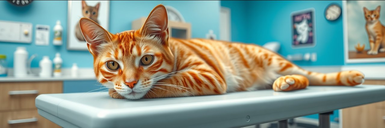 Ginger cat at cat care clinic exam table, calm and alert, soft lighting