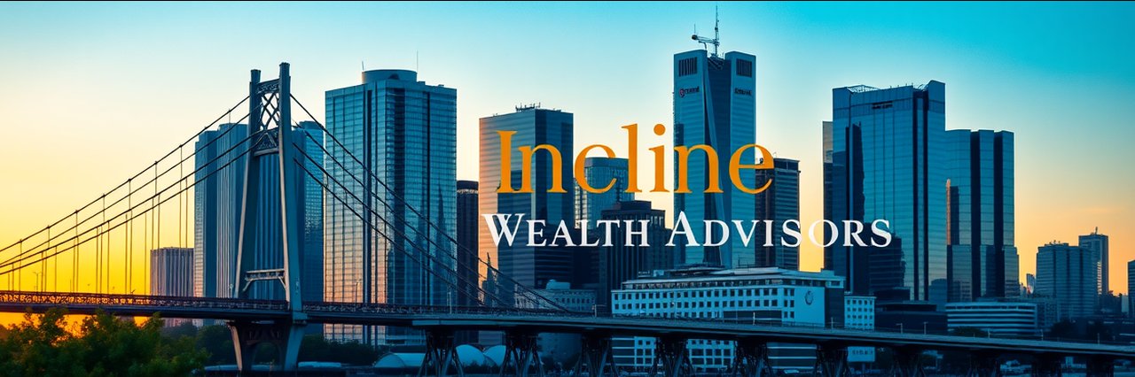 Wealth management cityscape with bridge and office buildings at sunset