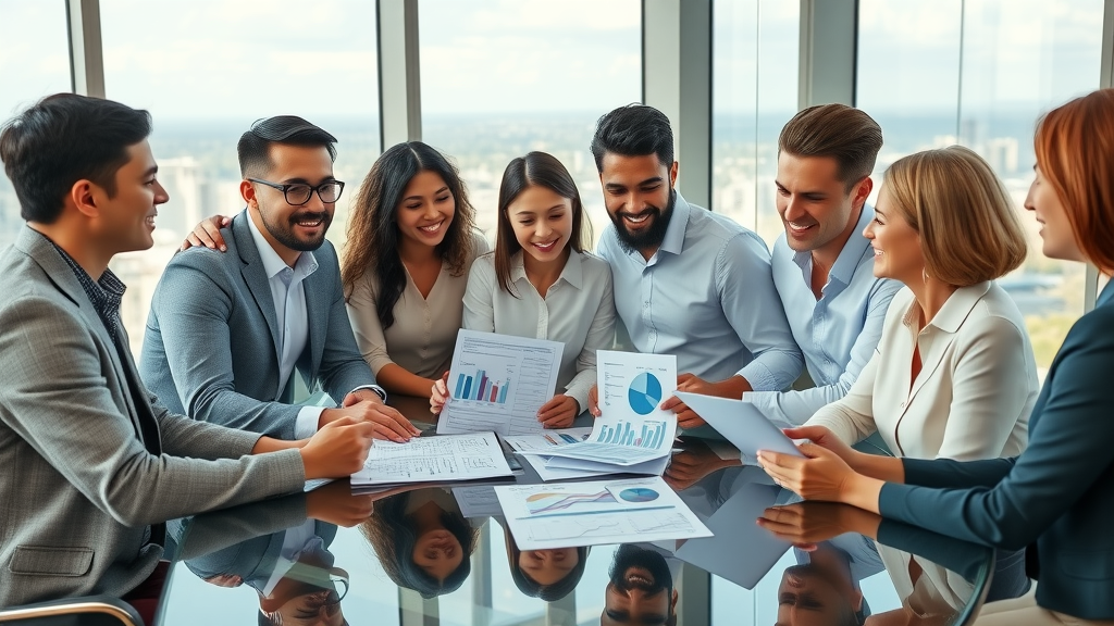 Diverse group discussing wealth management strategies in modern office