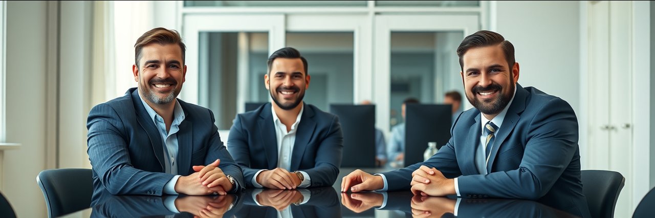 Three male professionals in a meeting room for investment management discussion