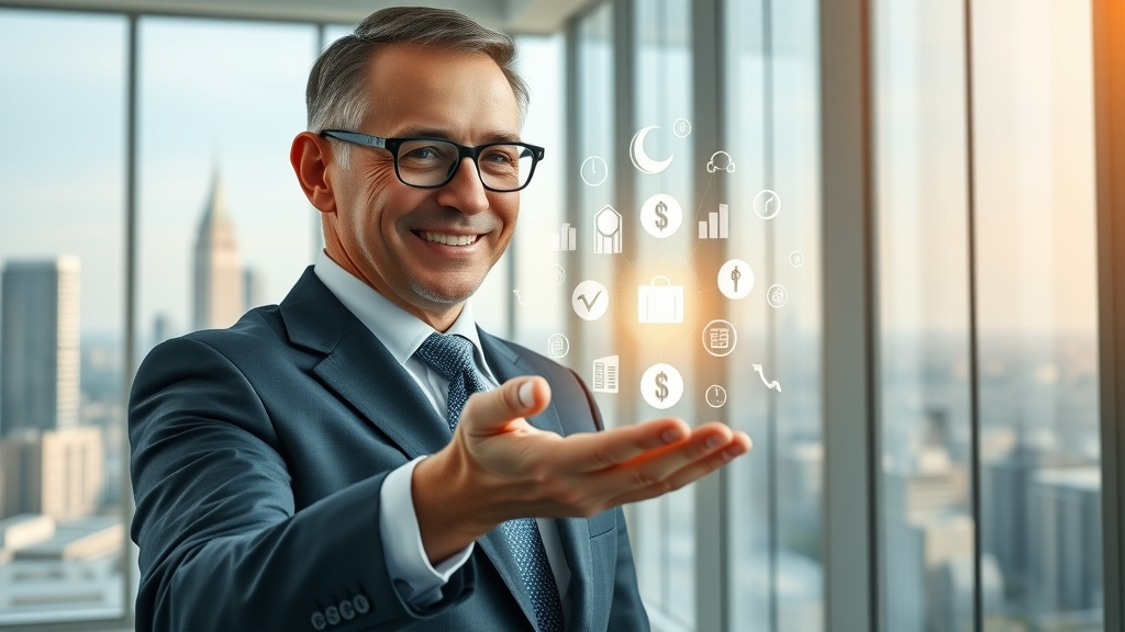 Confident advisor presenting diversified investment portfolio in bright office