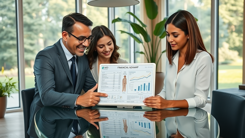 Family reviewing investment management strategy at modern glass table