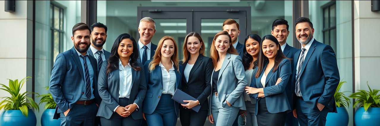 Financial planning team smiling outdoors in front of a modern office building