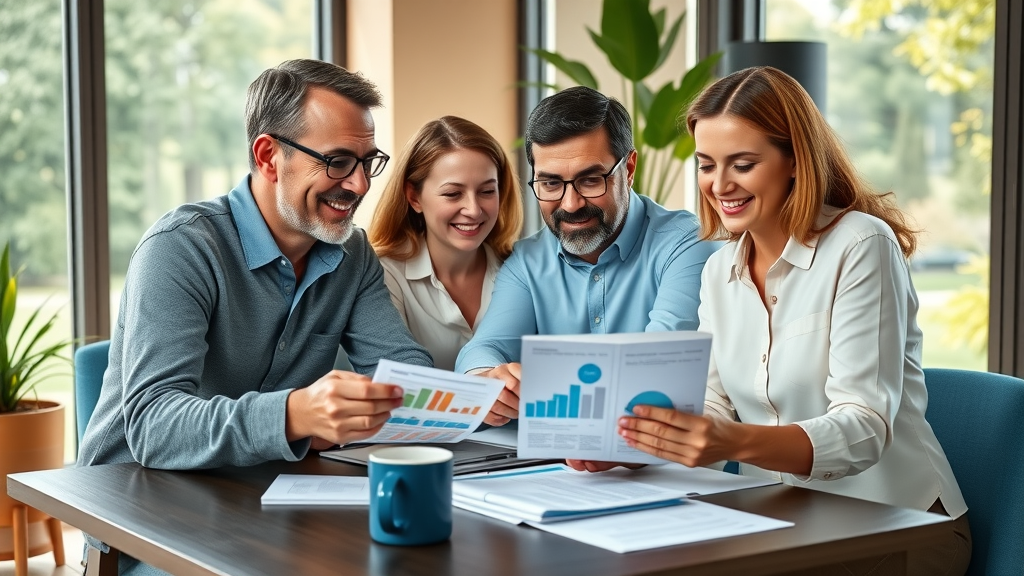 Professional financial planning meeting with advisor and clients in office