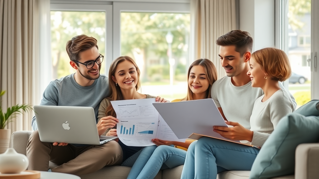 Young family discussing financial planning in a bright, comfortable living room