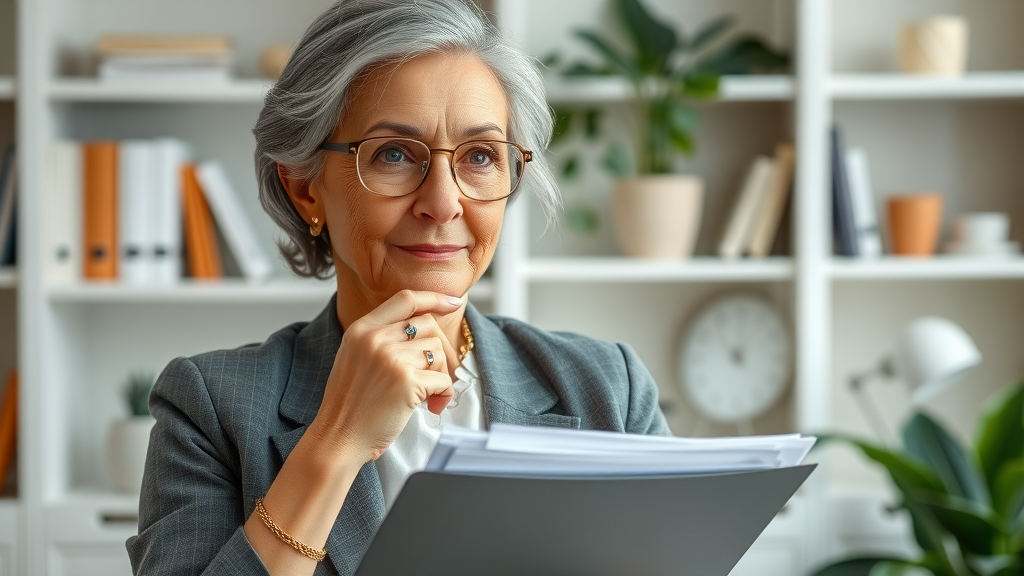 Confident woman reviews financial planning documents in modern office setting