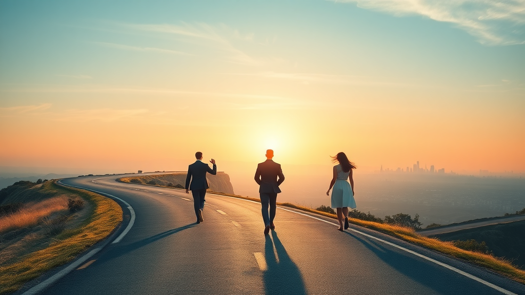Financial planning as journey, people walking up a bright chart-shaped path