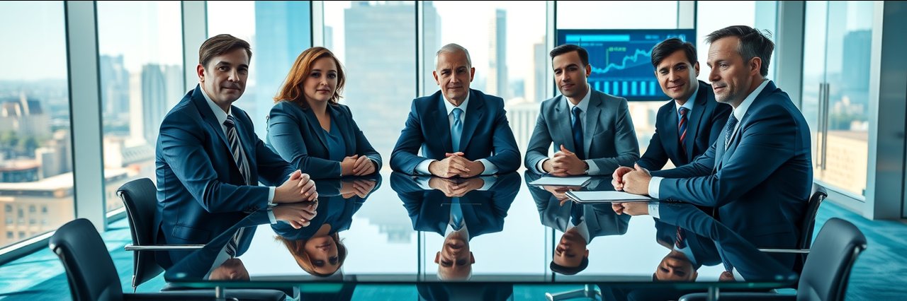 Forbes ranked advisors in modern office meeting, focused and professional, city view.