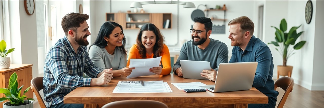 Happy family setting their financial goals at home at a cozy dining table.