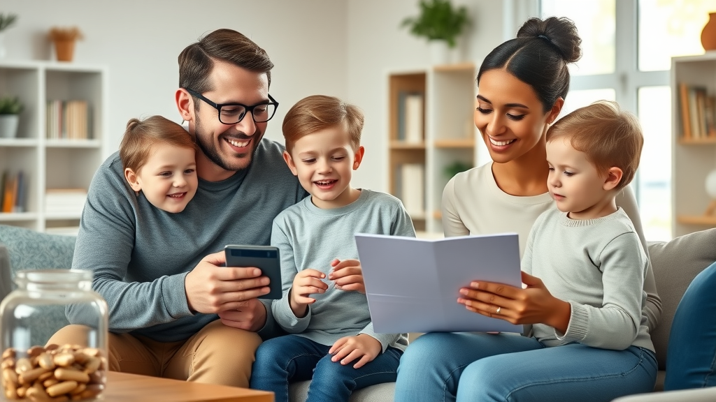 Young family planning financial goals with budget tools at home