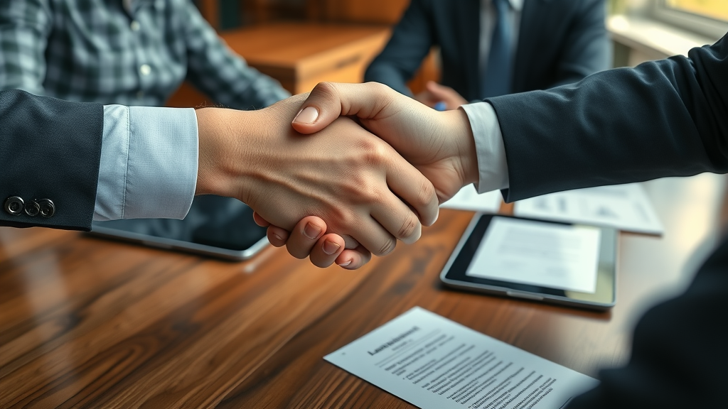 investment management firm clients and advisor handshake for new partnership
