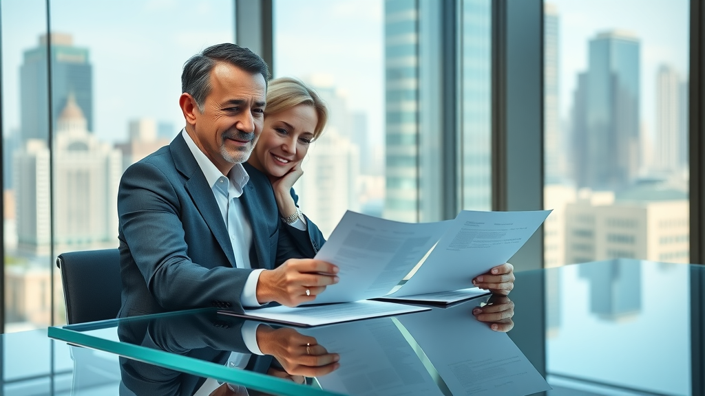 Confident couple reviews tax and estate planning documents in modern office.