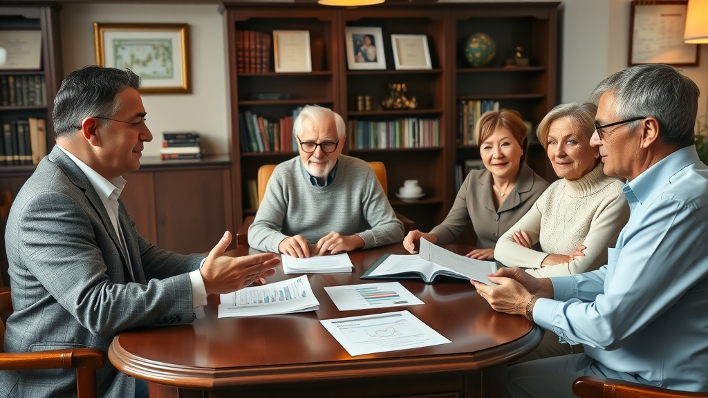 Financial advisor discusses tax and estate planning with family in office.