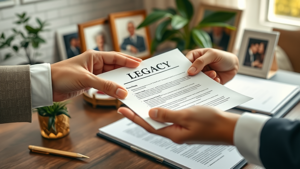 Hands exchange estate planning documents symbolizing legacy and tax planning.